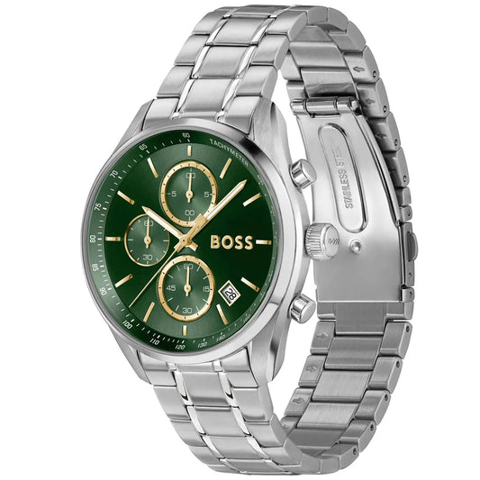 Hugo Boss Grand Prix Men's Watch 1514265 – Green Dial Chronograph & Silver Stainless Steel Strap 40mm