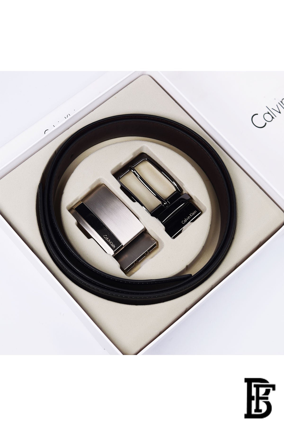 Calvin Klein Leather Double Face Belt Black Belt Two Buckle Box for Men image 1