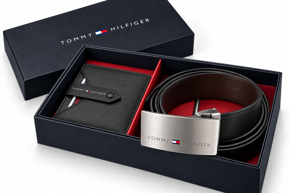 TOMMY GENUINE LEATHER SET BELT & WALLET