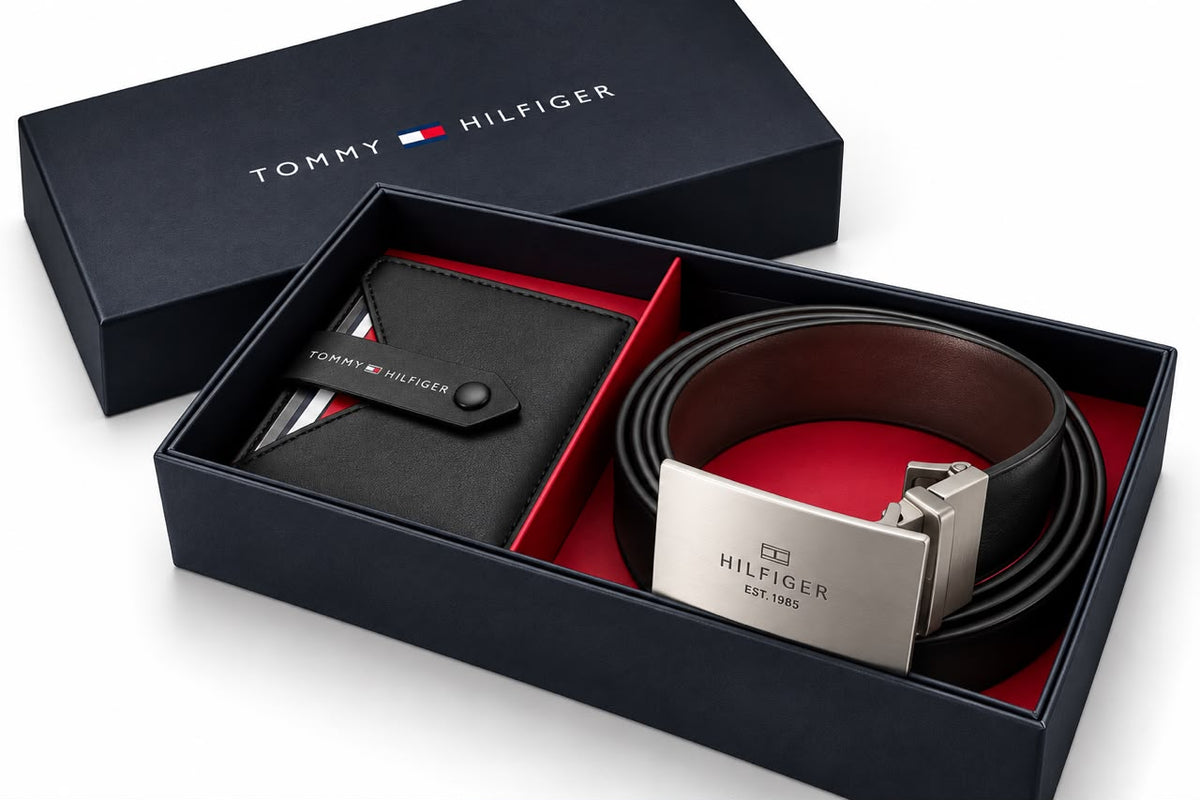 TOMMY GENUINE LEATHER SET BELT & WALLET
