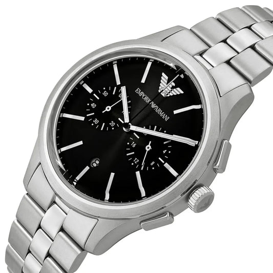 Emporio Armani Dario Men's Watch AR11691 – Black Dial Chronograph & Silver Stainless Steel Strap 42mm