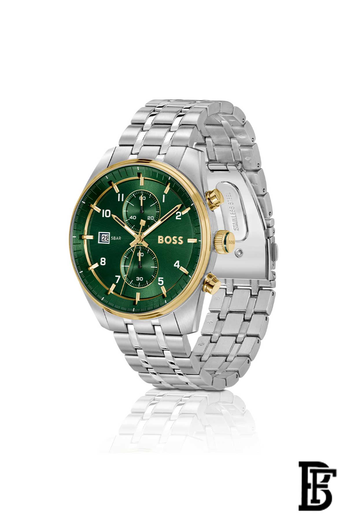Two-tone chronograph watch with green dial image 1