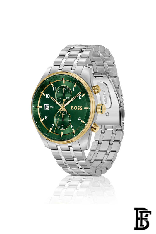 Two-tone chronograph watch with green dial image 1