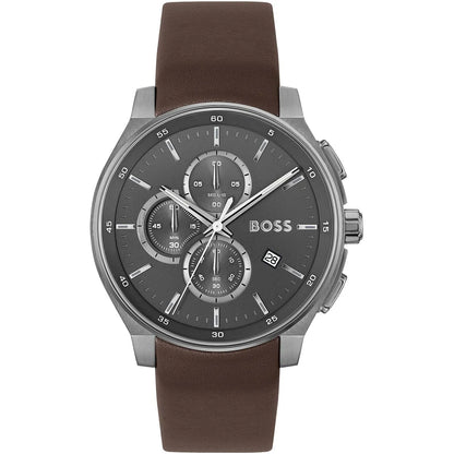Hugo Boss Peak Men's Watch 1514187 – Grey Dial & Brown Leather Strap 44mm Quartz