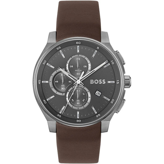 Hugo Boss Peak Men's Watch 1514187 – Grey Dial & Brown Leather Strap 44mm Quartz