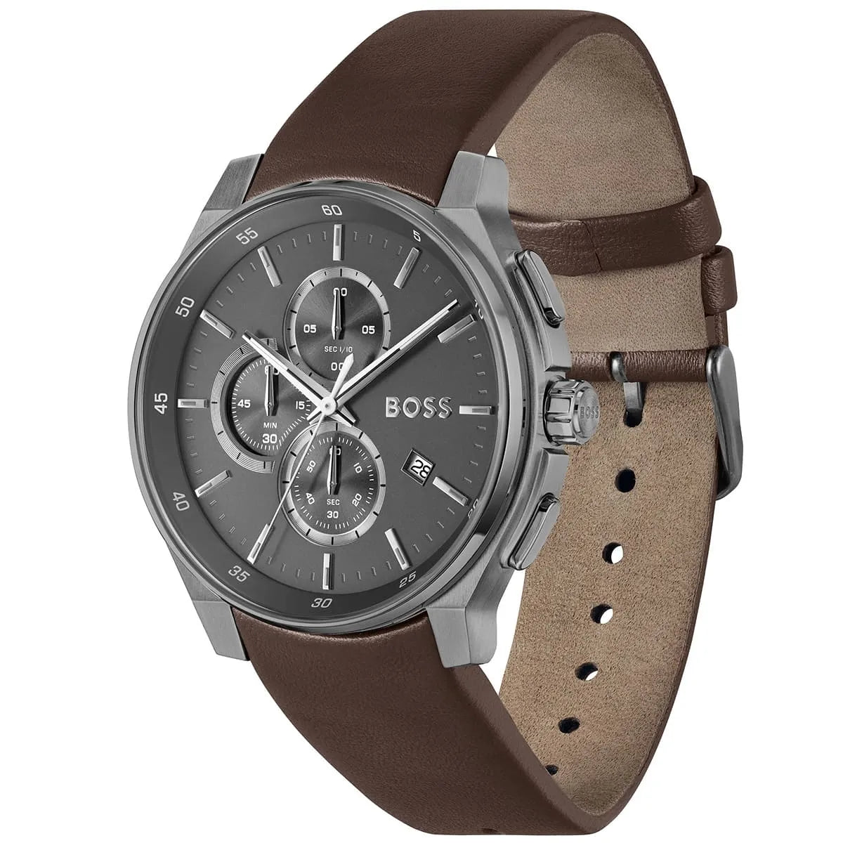 Hugo Boss Peak Men's Watch 1514187 – Grey Dial & Brown Leather Strap 44mm Quartz