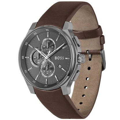 Hugo Boss Peak Men's Watch 1514187 – Grey Dial & Brown Leather Strap 44mm Quartz