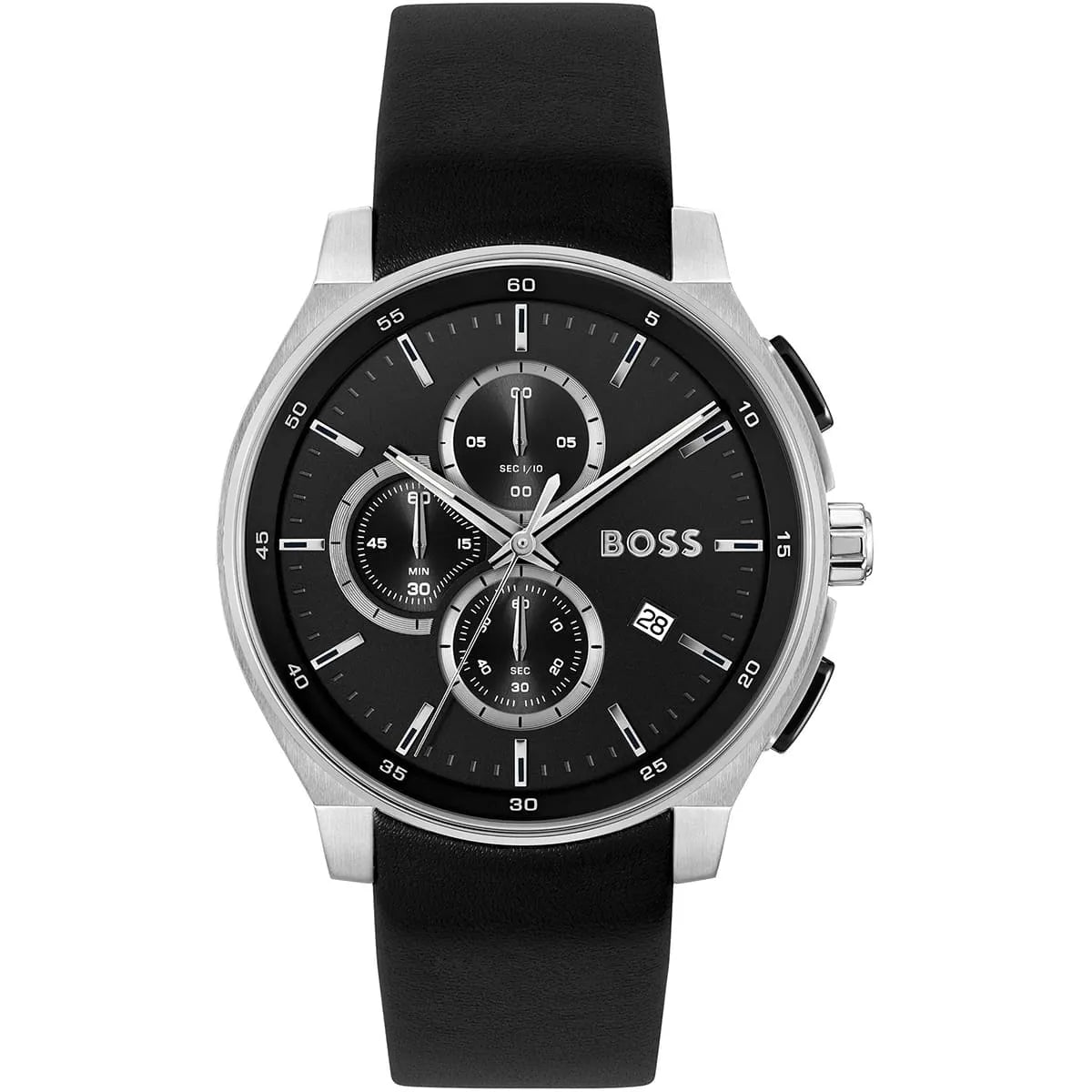 BOSS Peak 2.0 Men's Watch 1514188 – Black Dial Chronograph & Black Leather Strap
