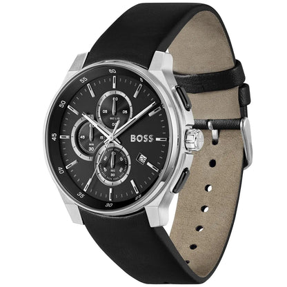 BOSS Peak 2.0 Men's Watch 1514188 – Black Dial Chronograph & Black Leather Strap