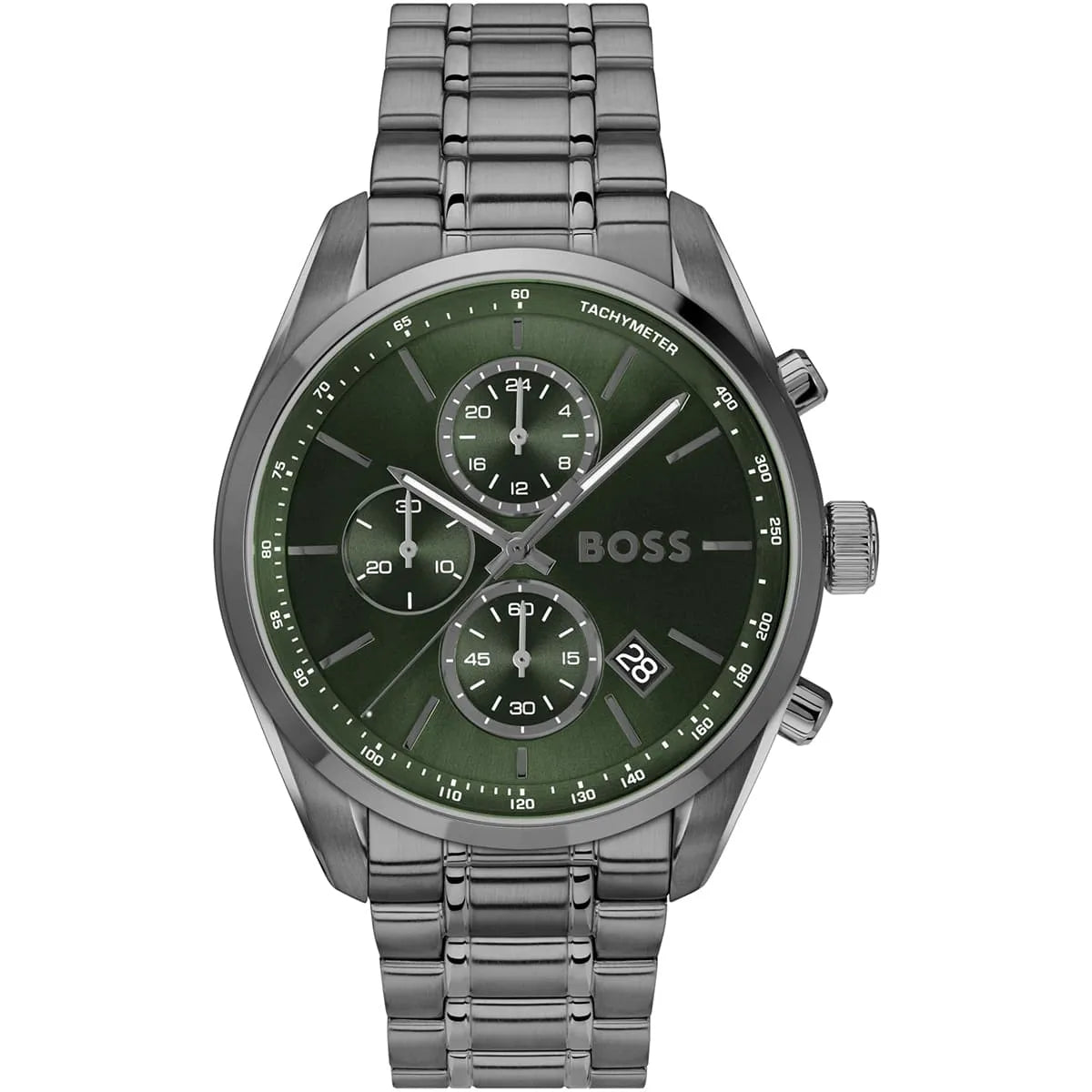 Hugo Boss Grand Prix Men's Watch 1514228 – Green Dial Chronograph & Grey Stainless Steel Strap 44mm