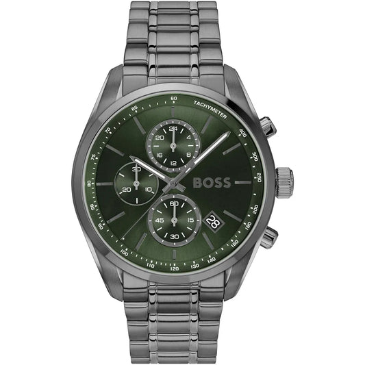 Hugo Boss Grand Prix Men's Watch 1514228 – Green Dial Chronograph & Grey Stainless Steel Strap 44mm