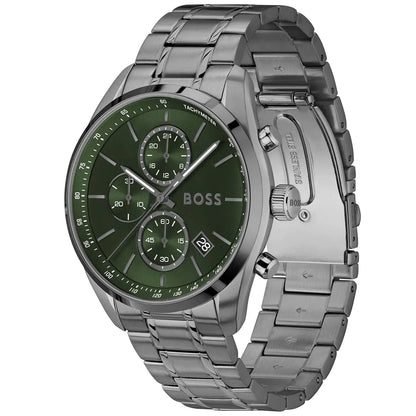 Hugo Boss Grand Prix Men's Watch 1514228 – Green Dial Chronograph & Grey Stainless Steel Strap 44mm