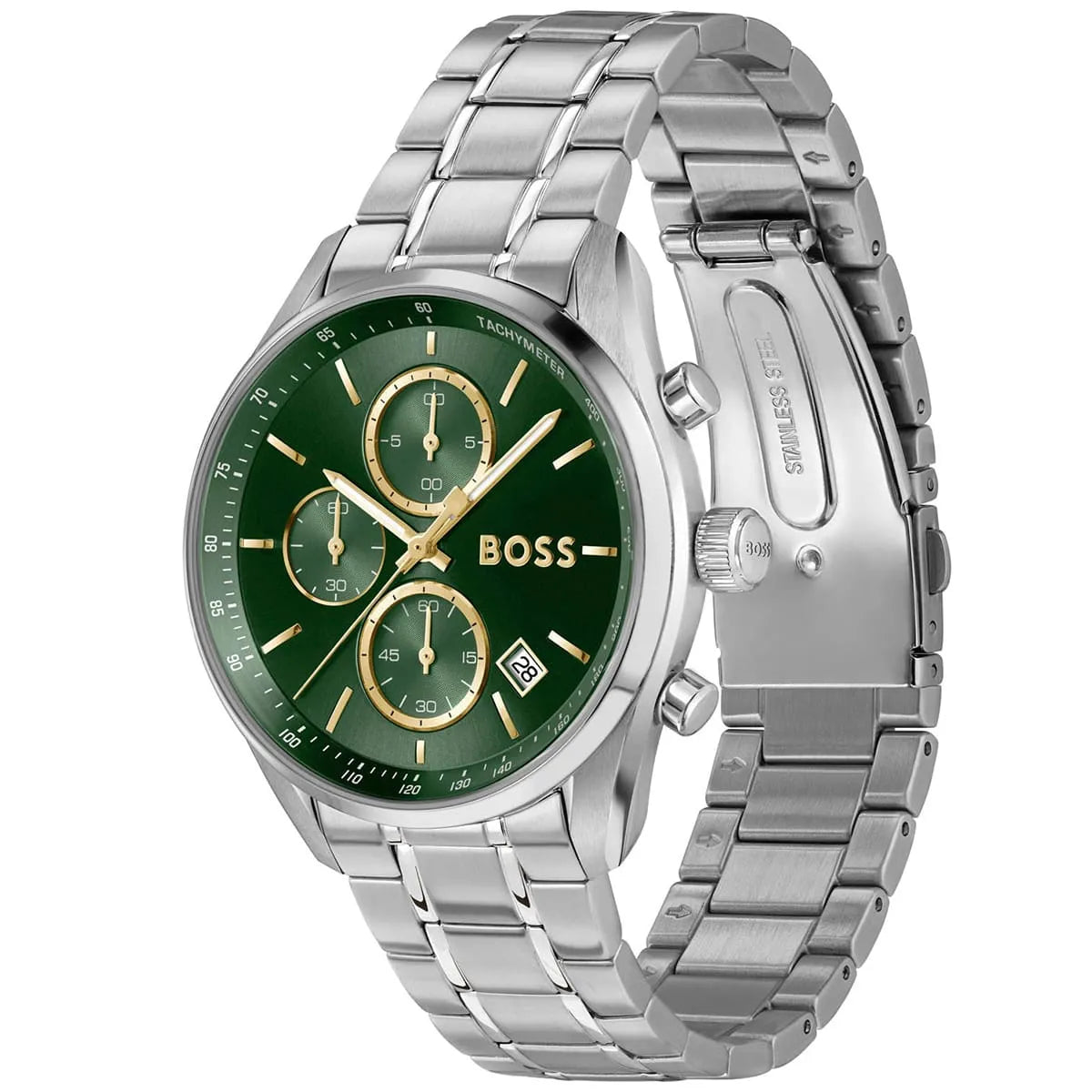 Hugo Boss Grand Prix Men's Watch 1514265 – Green Dial Chronograph & Silver Stainless Steel Strap 40mm