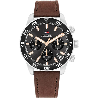 Tommy Hilfiger Men's Watch 1792213 – Black Dial Chronograph & Brown Leather Strap 41mm Quartz