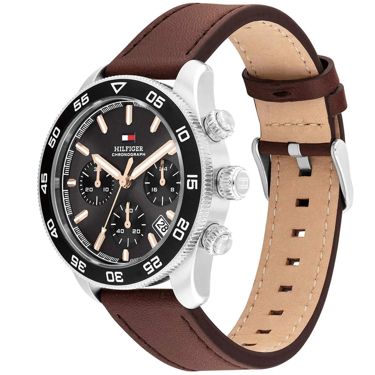 Tommy Hilfiger Men's Watch 1792213 – Black Dial Chronograph & Brown Leather Strap 41mm Quartz