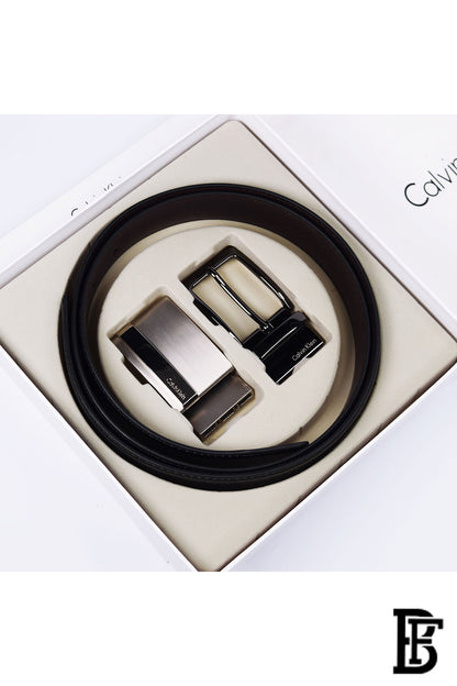 Calvin Klein Leather Double Face Belt Black Belt Two Buckle Box for Men image 1