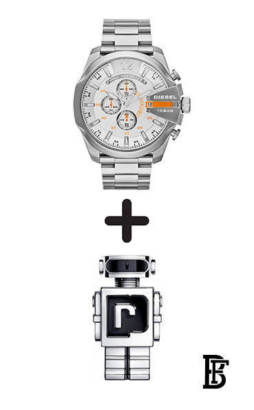 DIESEL Men's Mega Chief Round Shape Stainless Steel Chronograph Wrist Watch 54 mm - Silver - DZ4328 + Gift perfume Tester 30 ml image 1