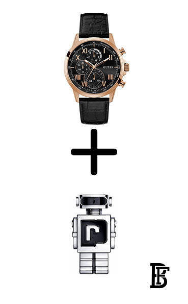 GUESS  GW0011G3 Men's Stainless Steel Analog Watch with Leather Calfskin Strap, Black, 22  + Gift perfume tester 30 ml image 1