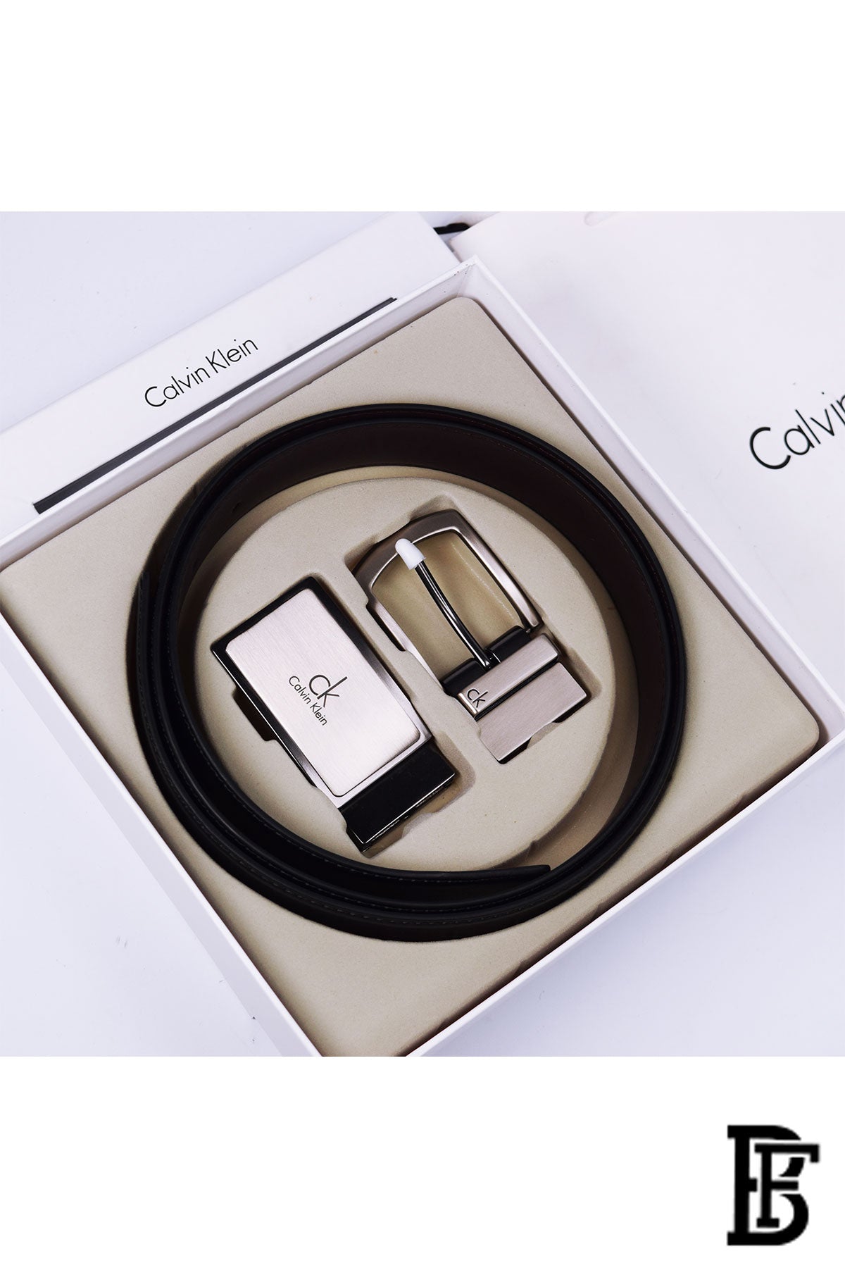 Calvin Klein Leather Double Face Belt Black Belt Two Buckle Box for Men image 0