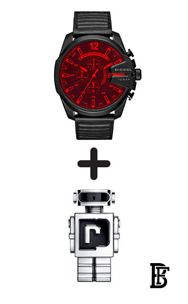 Diesel Men's Mega Chief Quartz Stainless Steel and Leather Chronograph Watch, Color: Black (Model: DZ4460), Chronograph + Gift perfume Tester 30 ml image 1