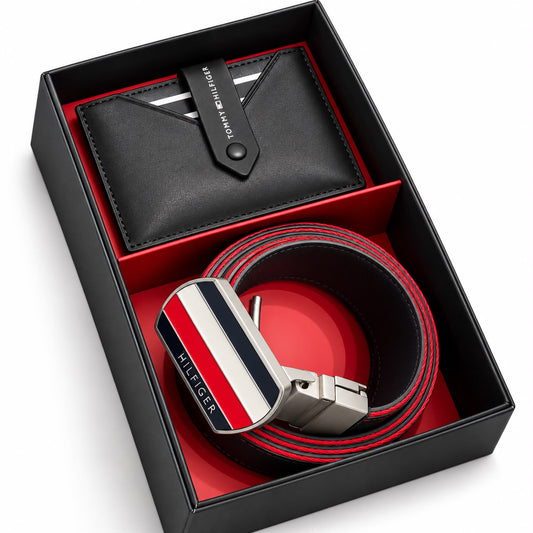 TOMMY GENUINE LEATHER SET BELT & WALLET
