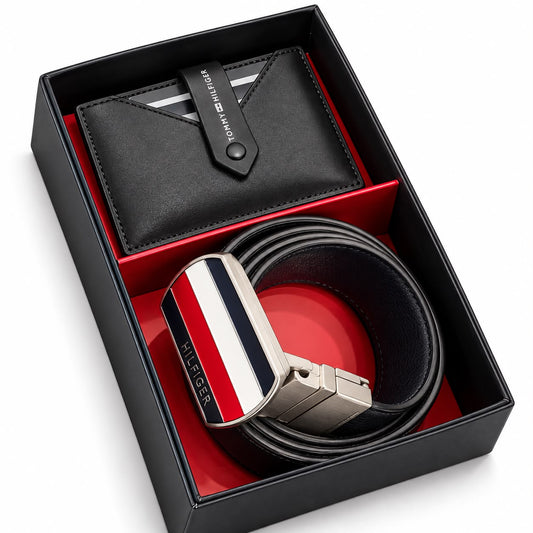 TOMMY GENUINE LEATHER SET BELT & WALLET