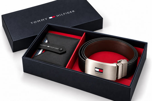 TOMMY GENUINE LEATHER SET BELT & WALLET