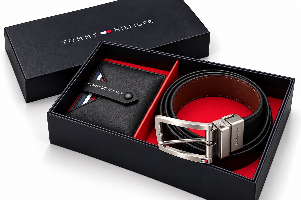 TOMMY GENUINE LEATHER SET BELT & WALLET