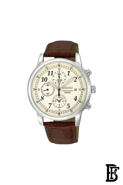 SEIKO Men's Watch CHRONOGRAPH Brown Leather Strap Beige Dial SNDC31P1 image 0