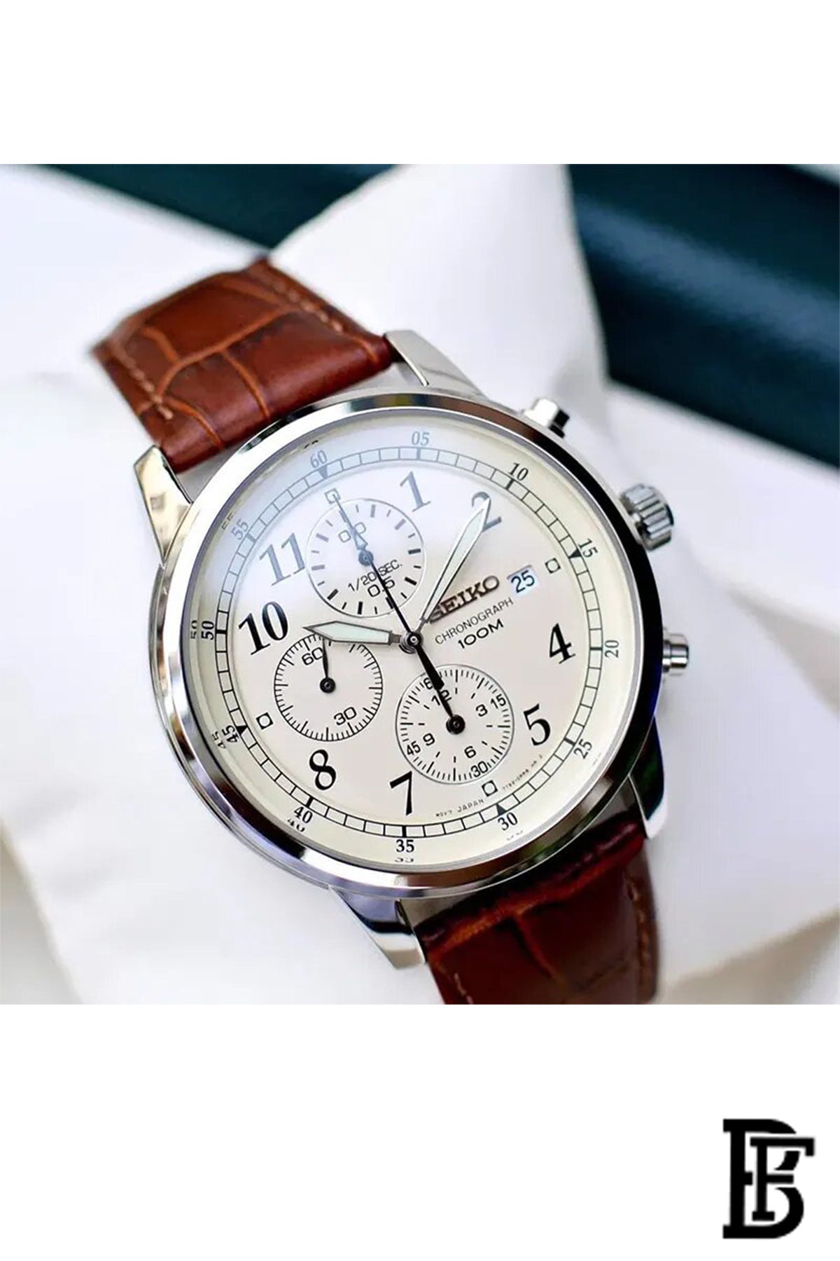 SEIKO Men's Watch CHRONOGRAPH Brown Leather Strap Beige Dial SNDC31P1 image 2