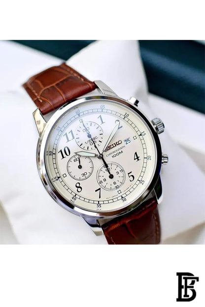 SEIKO Men's Watch CHRONOGRAPH Brown Leather Strap Beige Dial SNDC31P1 image 2