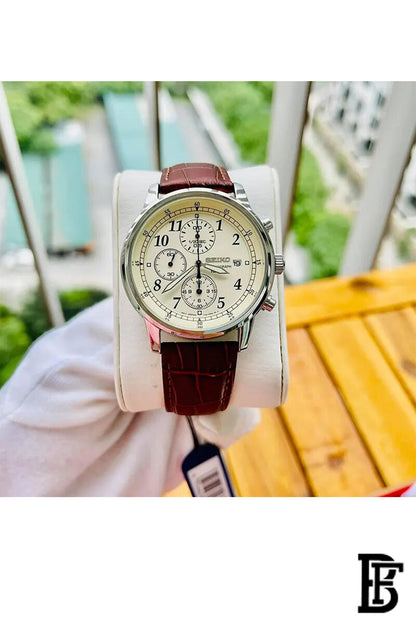 SEIKO Men's Watch CHRONOGRAPH Brown Leather Strap Beige Dial SNDC31P1 image 3