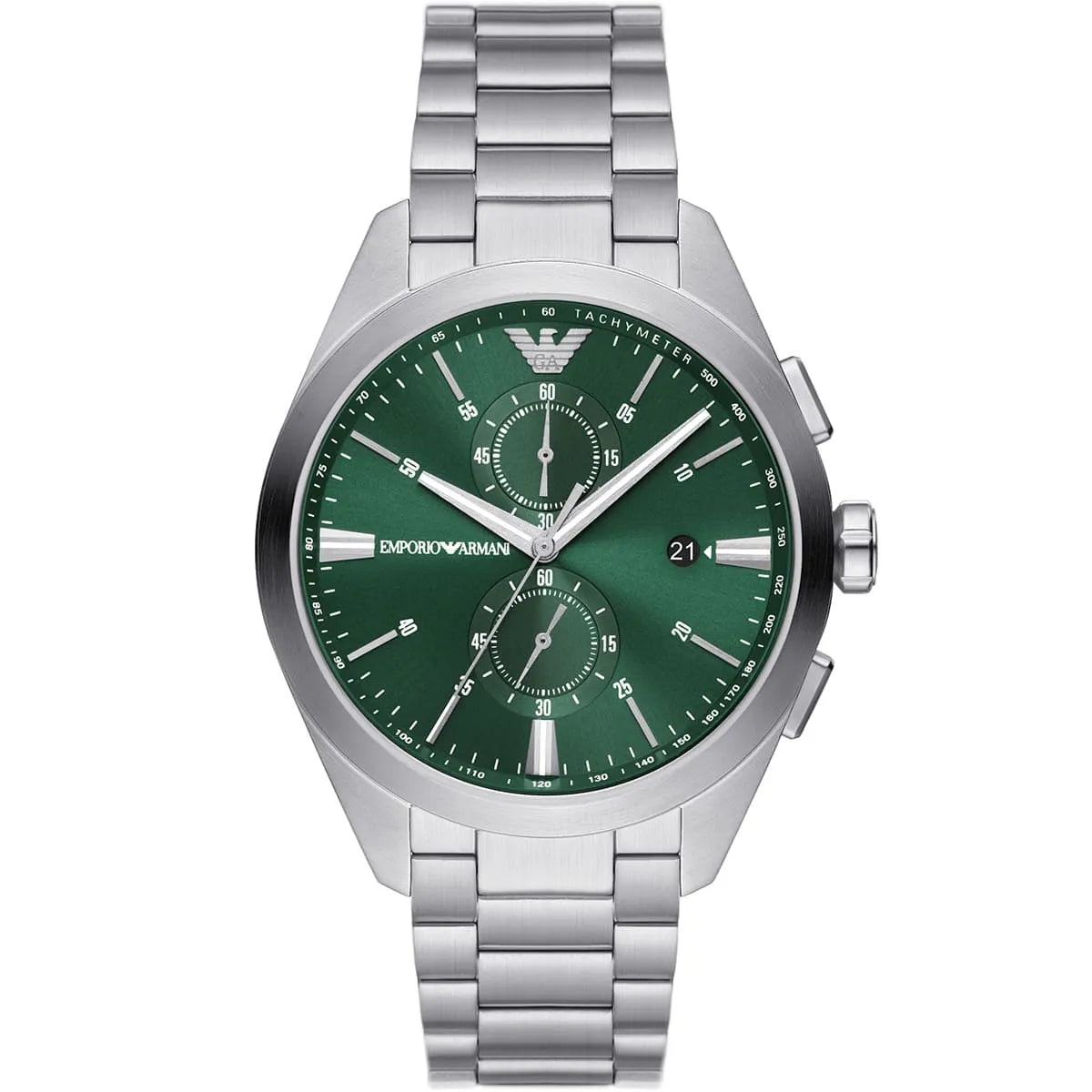 Emporio Armani Claudio Men’s Chronograph Watch AR11480 – Green Dial, Silver Metal Strap