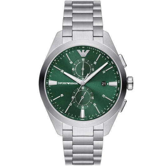 Emporio Armani Claudio Men’s Chronograph Watch AR11480 – Green Dial, Silver Metal Strap