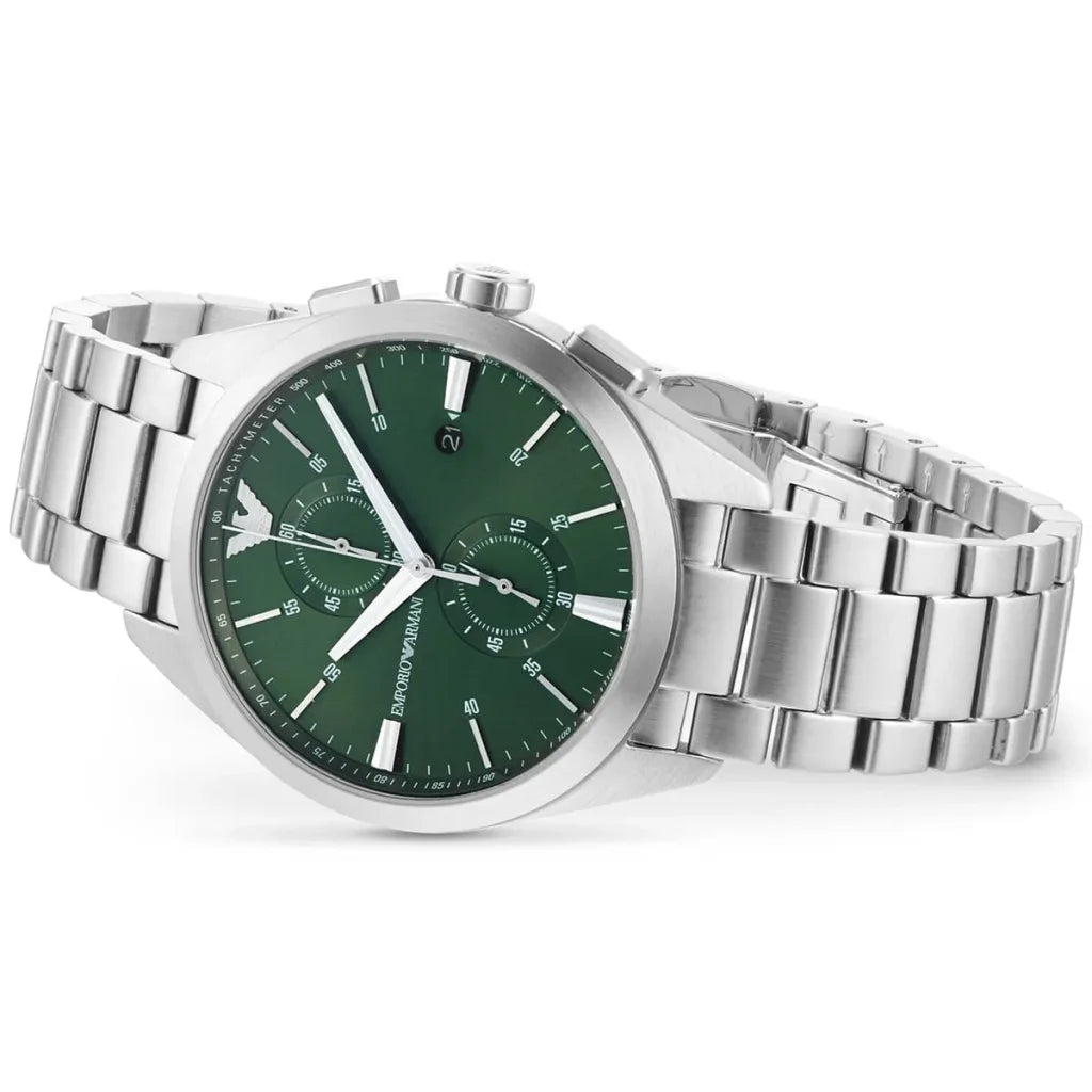 Emporio Armani Claudio Men’s Chronograph Watch AR11480 – Green Dial, Silver Metal Strap