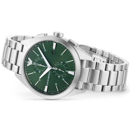 Emporio Armani Claudio Men’s Chronograph Watch AR11480 – Green Dial, Silver Metal Strap