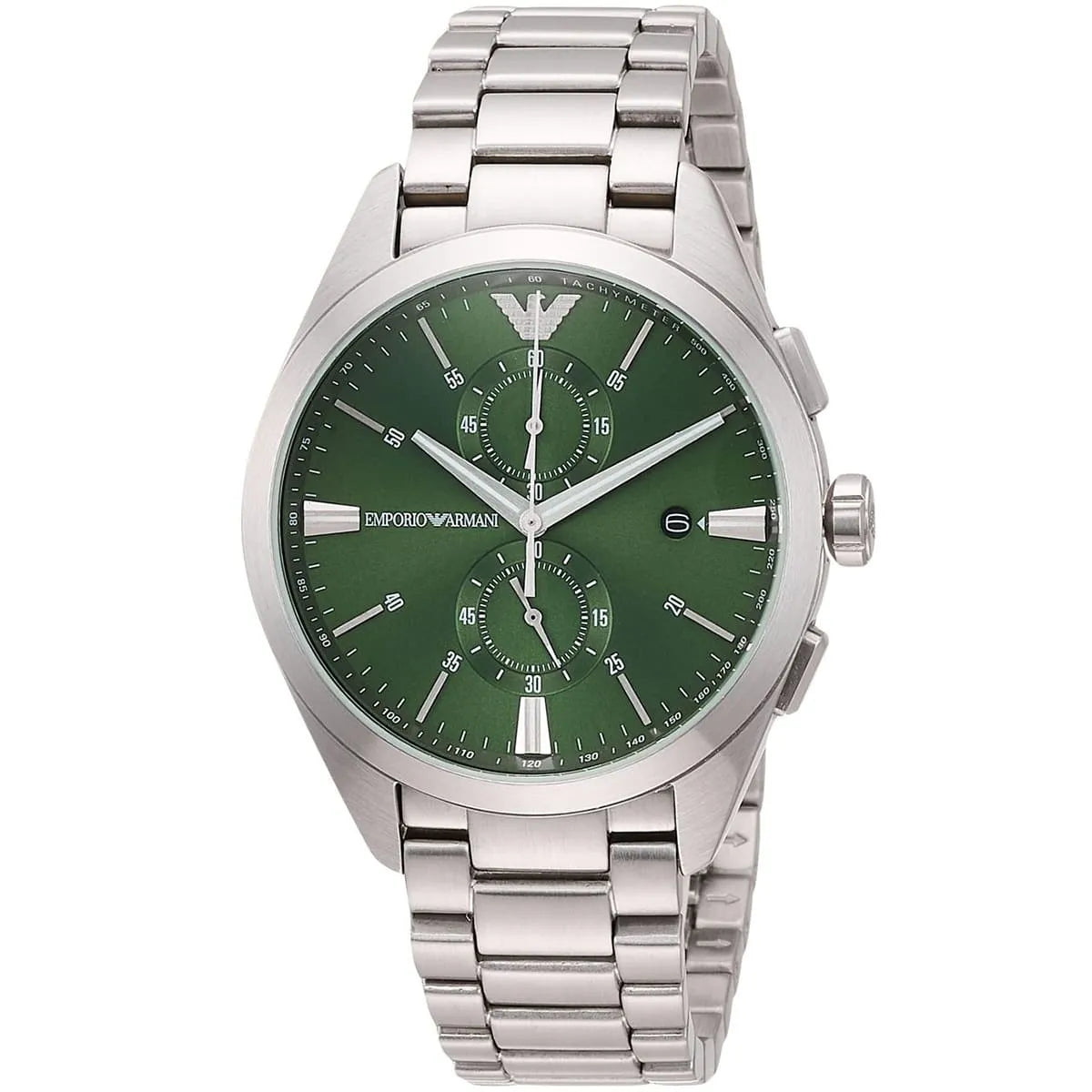 Emporio Armani Claudio Men’s Chronograph Watch AR11480 – Green Dial, Silver Metal Strap