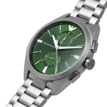 Emporio Armani Claudio Men’s Chronograph Watch AR11480 – Green Dial, Silver Metal Strap