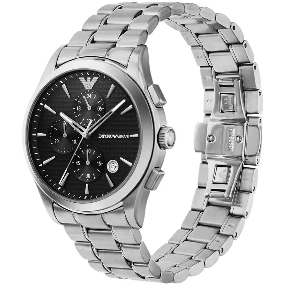 Emperio Silver Steel Watch with Black Dial and Chronograph For Men AR11602