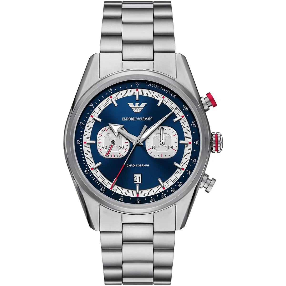 Emporio Armani Racer Chronograph Watch for Men AR11676 – Blue Dial, Silver Stainless Steel