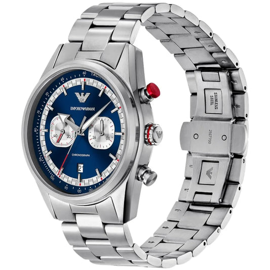 Emporio Armani Racer Chronograph Watch for Men AR11676 – Blue Dial, Silver Stainless Steel
