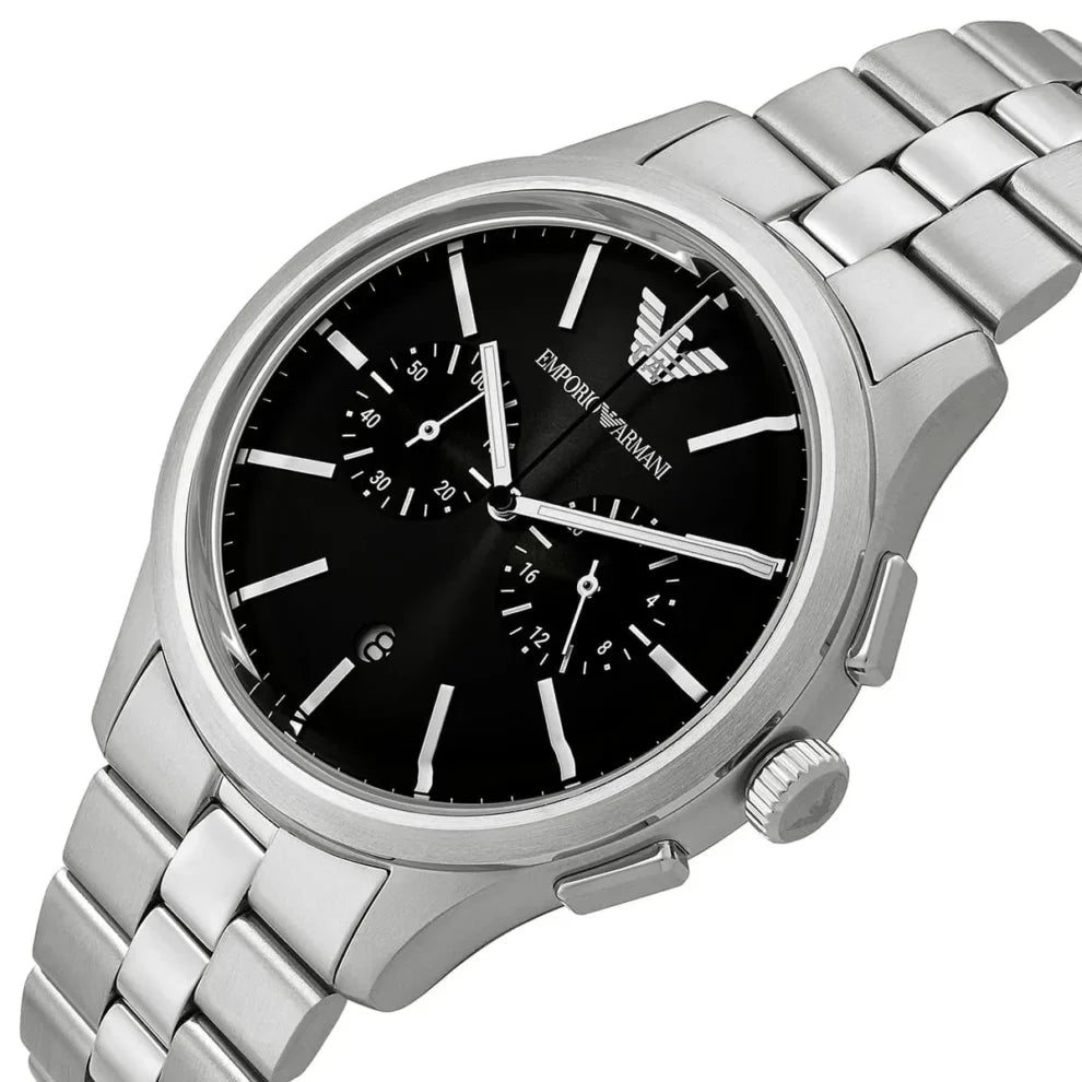 Emporio Armani Dario Men's Watch AR11691 – Black Dial Chronograph & Silver Stainless Steel Strap 42mm