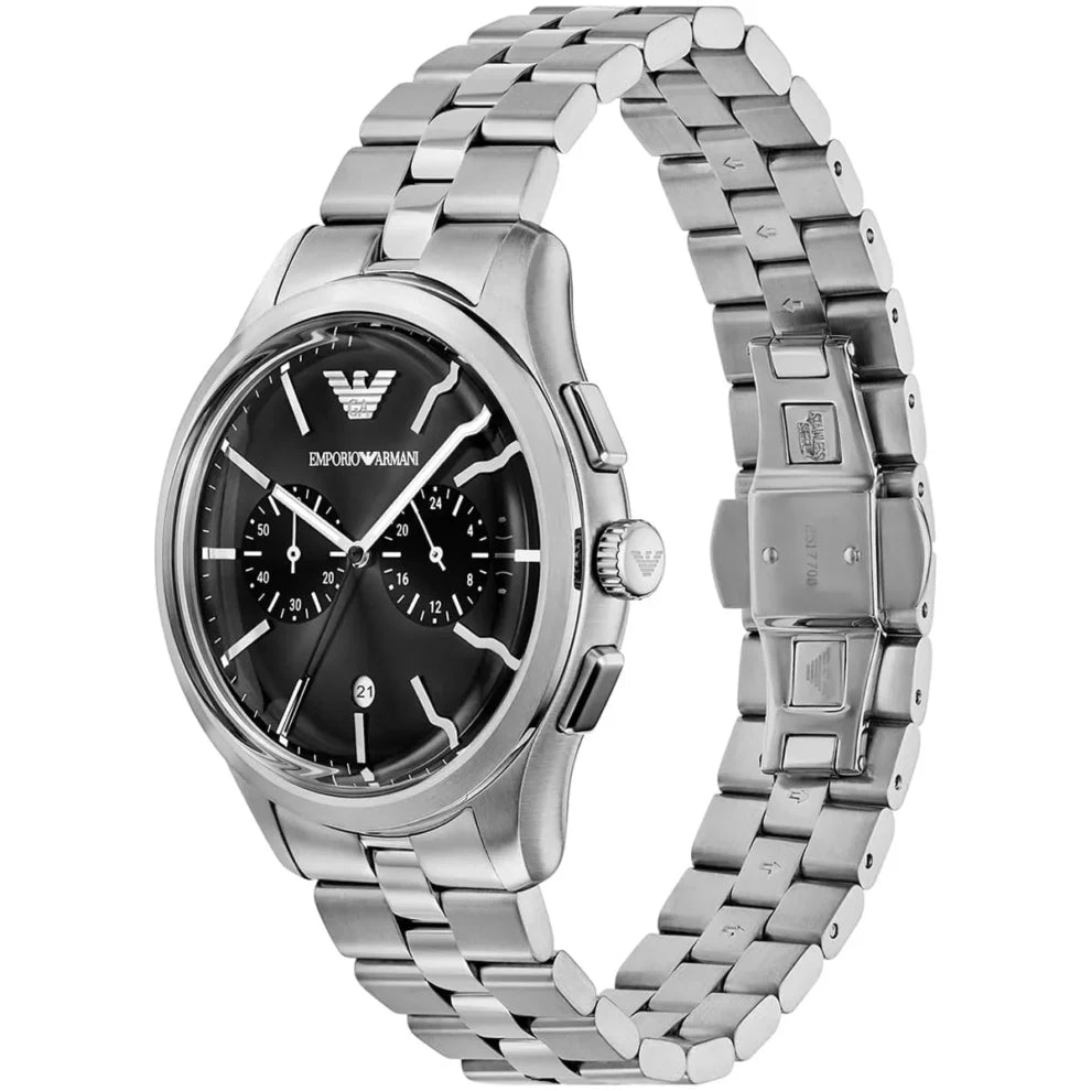 Emporio Armani Dario Men's Watch AR11691 – Black Dial Chronograph & Silver Stainless Steel Strap 42mm