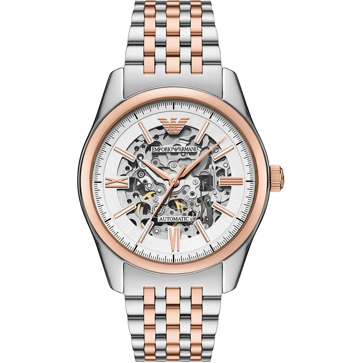 Emporio Armani Antonio Men's Watch AR60092 – Skeleton White Dial Automatic & Two-Tone Stainless Steel Strap 43mm