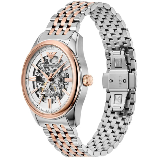 Emporio Armani Antonio Men's Watch AR60092 – Skeleton White Dial Automatic & Two-Tone Stainless Steel Strap 43mm