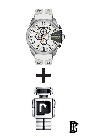 Men's Diesel Mega Chief White Leather Chronograph Watch DZ4454 + Gift perfume Tester 30 ml image 1