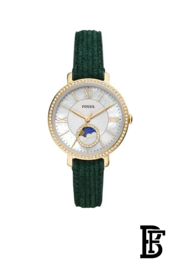 Fossil Jacqueline Multifunction Moonphase Mother of Pearl White Dial Green Leather Strap Watch for Women - ES5244 image 0
