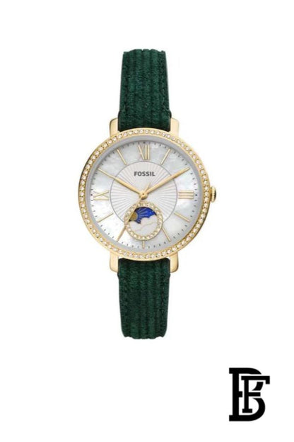 Fossil Jacqueline Multifunction Moonphase Mother of Pearl White Dial Green Leather Strap Watch for Women - ES5244 image 0