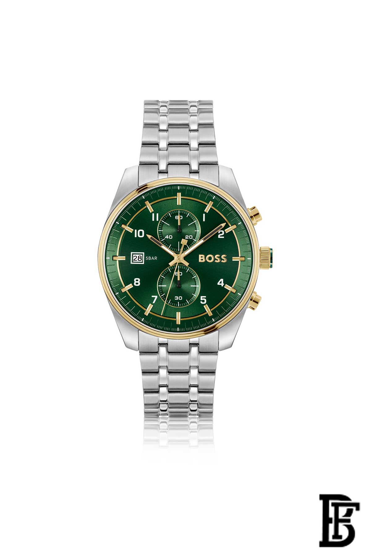Two-tone chronograph watch with green dial image 2